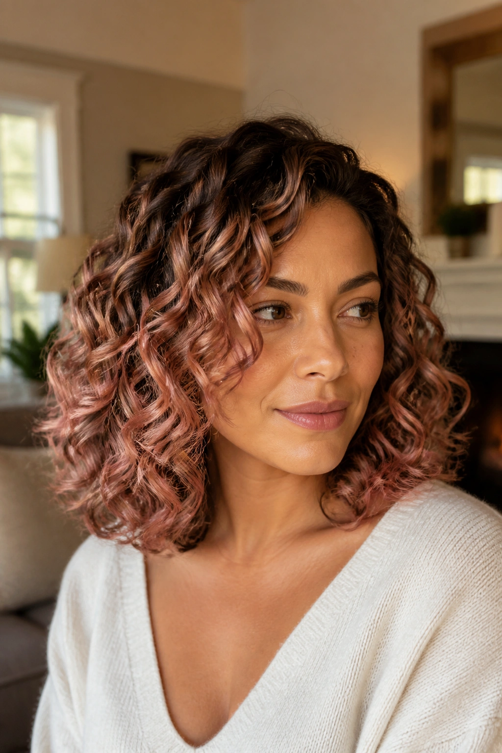Close-up of a real woman with shoulder-length curls displaying rose gold balayage in warm window light.