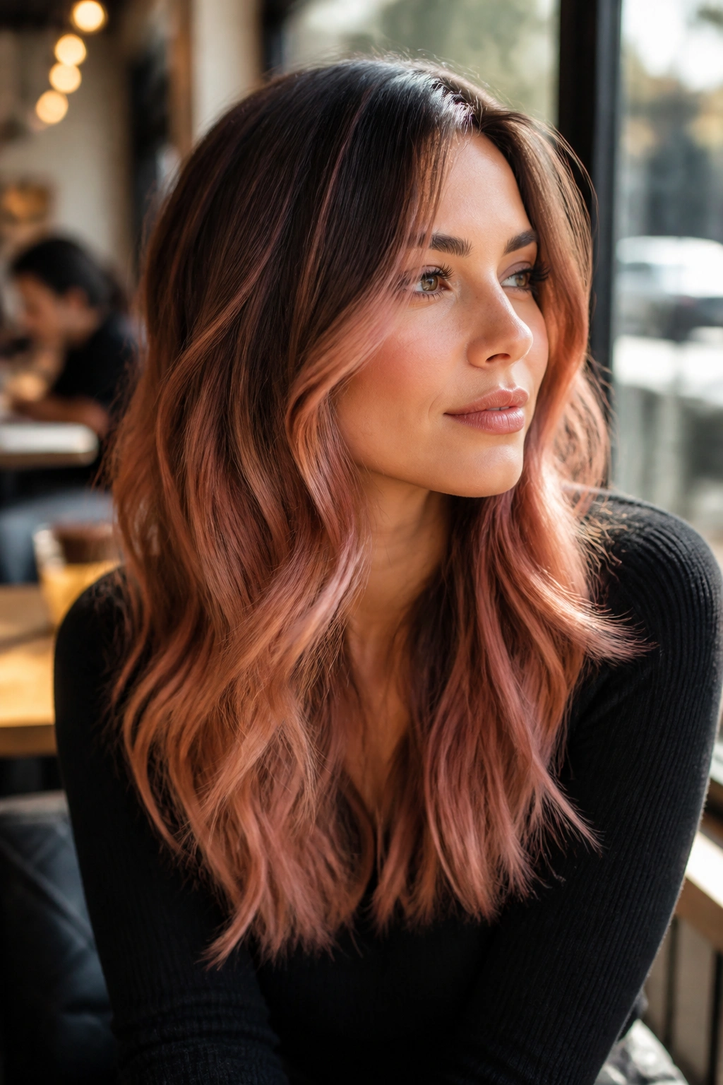 Close-up of a real person with rose gold balayage in warm cafe light