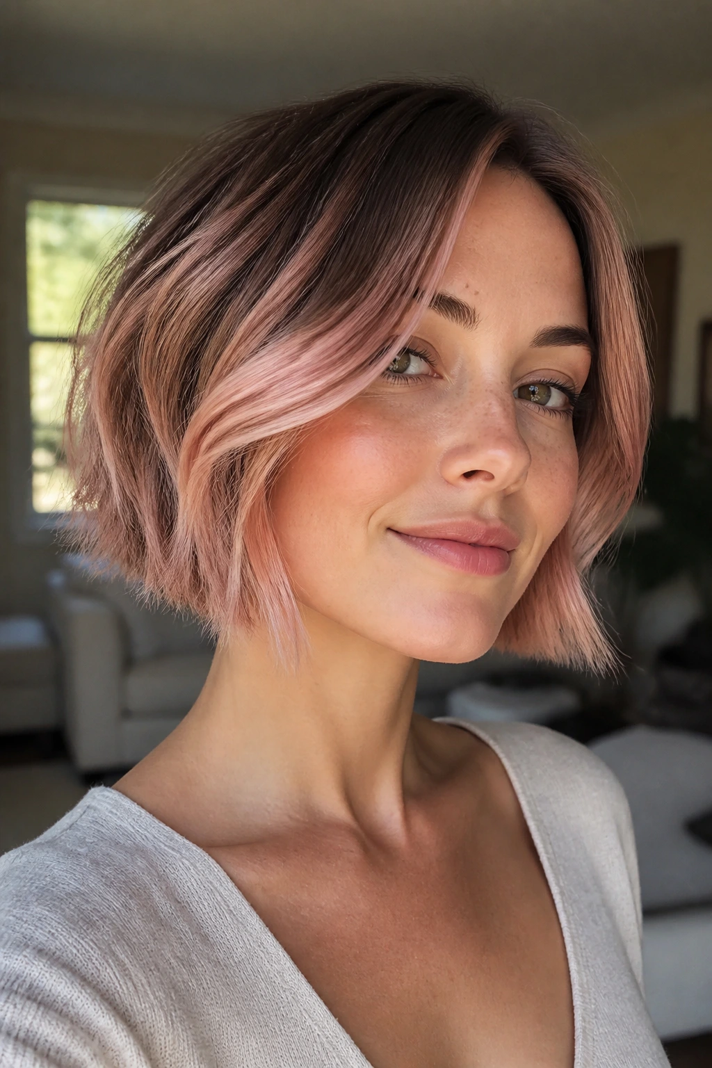 Close-up of rose gold balayage on a jaw-length bob