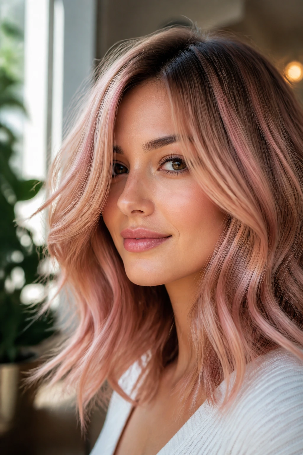 Close-up portrait of a real woman with rose gold balayage creating a soft pink glow