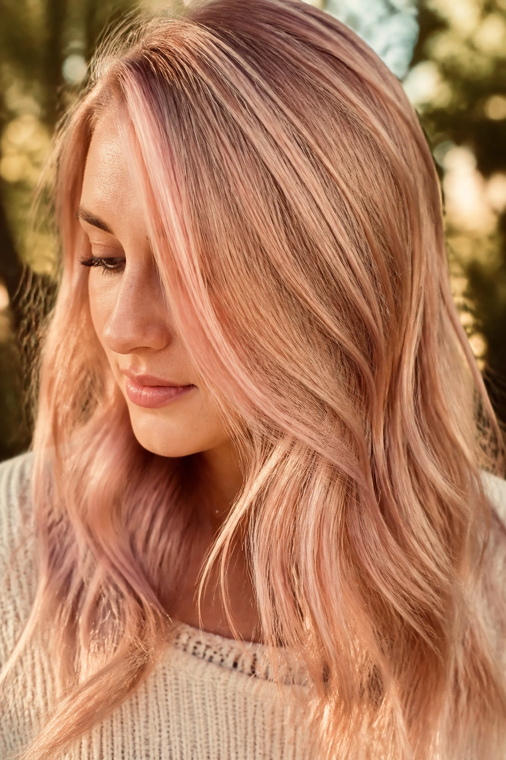Close-up of a real person with soft rose gold blonde hair