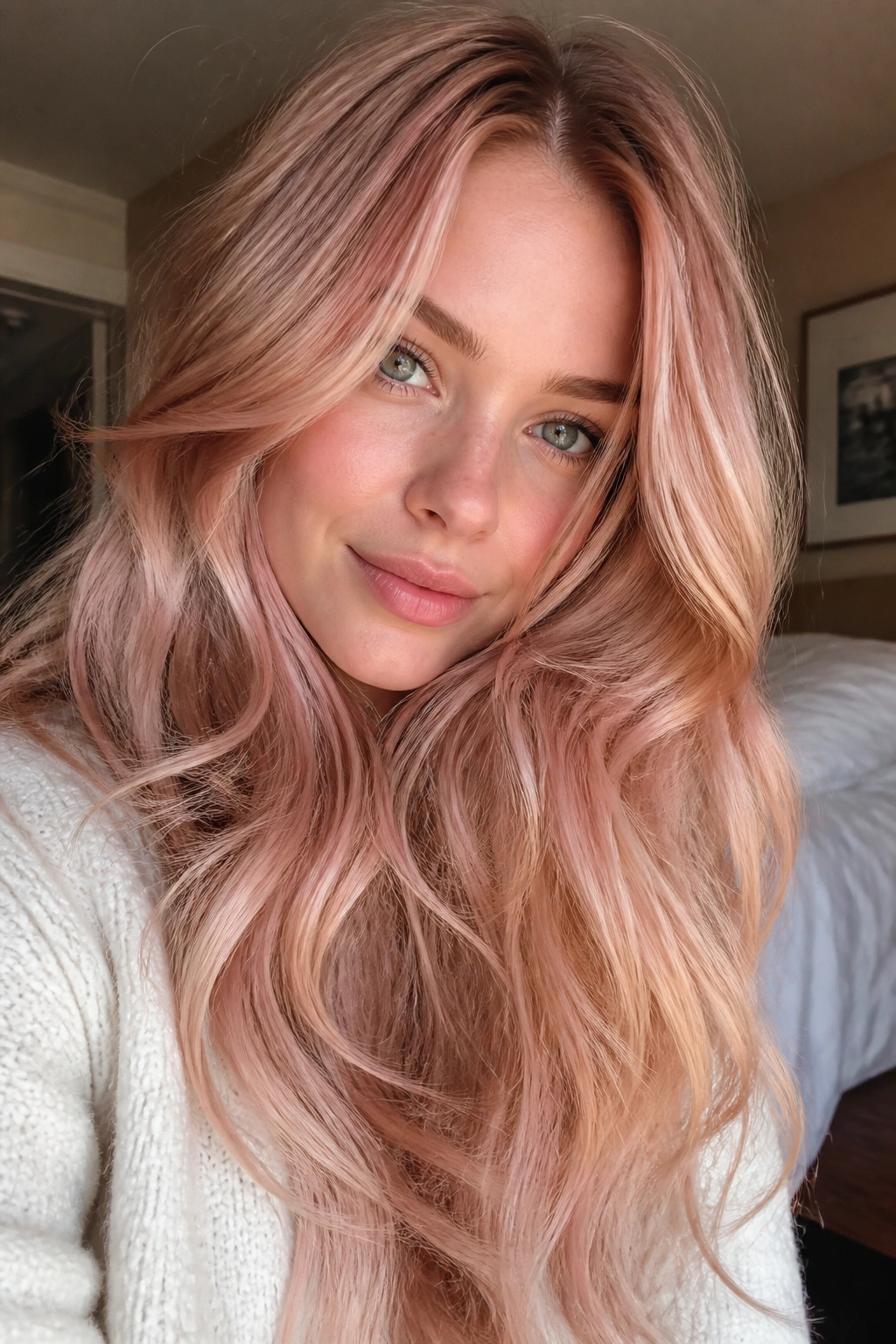 Close-up of real woman with rose gold blonde hair in soft waves under window light