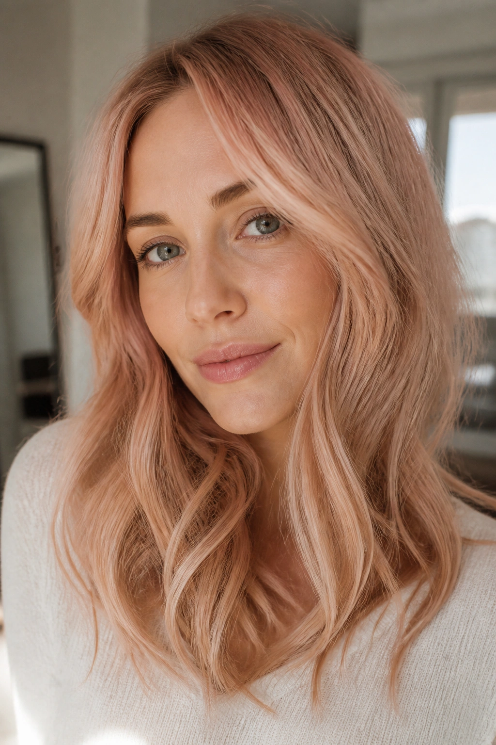 Close-up portrait of a real person with rose gold blonde hair