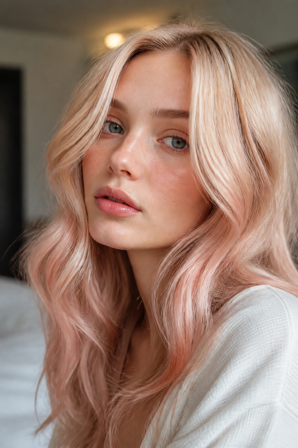 Portrait of a real person with rose gold blonde hair in soft window light