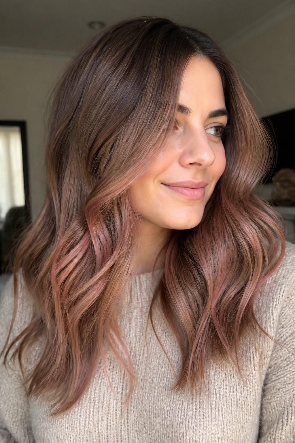 Close-up portrait of a woman with brunette hair featuring a rose-gold tint