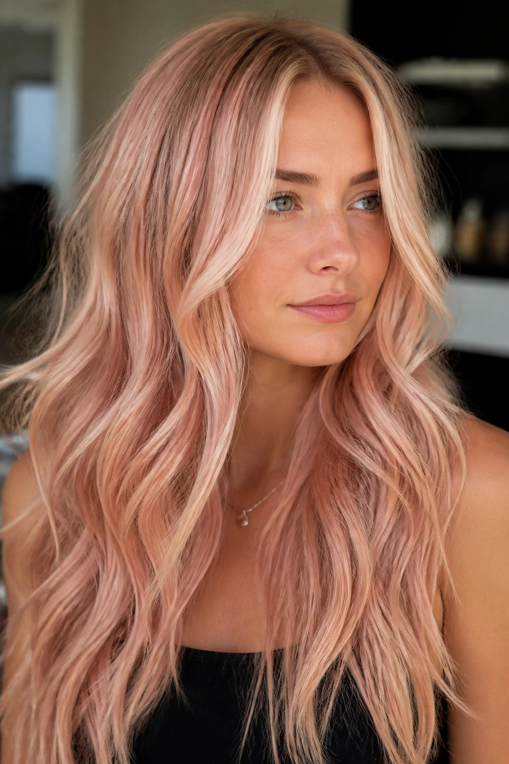Close-up of a real person with rose gold champagne long hair