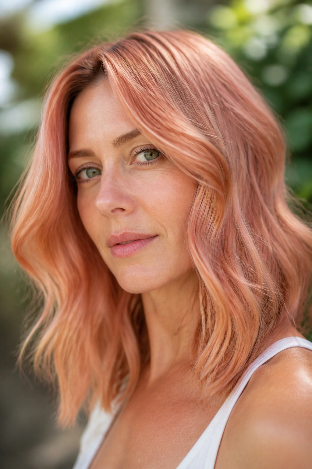 Close-up of a real woman's hair with rose gold coral blend in natural daylight