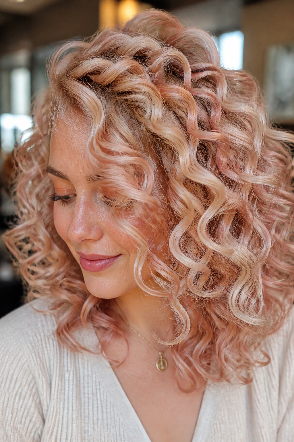 Close-up of a real woman with rose gold diffusion on curly blonde hair, warm window-light.