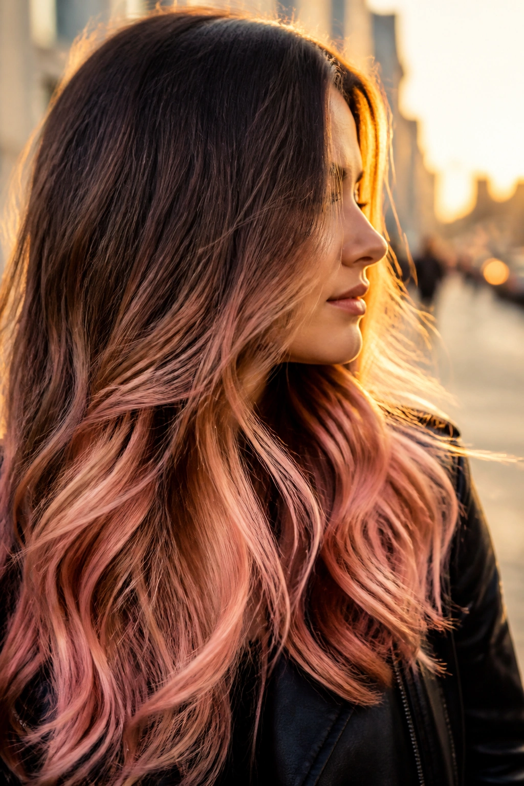 Close-up portrait of a real woman with rose-gold ends on mid-lengths