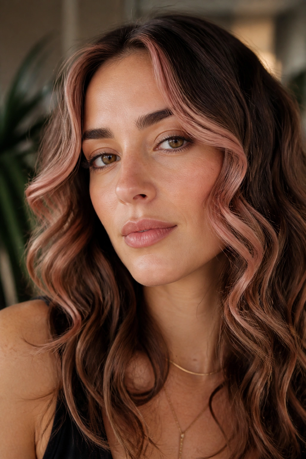 Close-up of a real woman with rose gold face frame on soft waves curling around the face