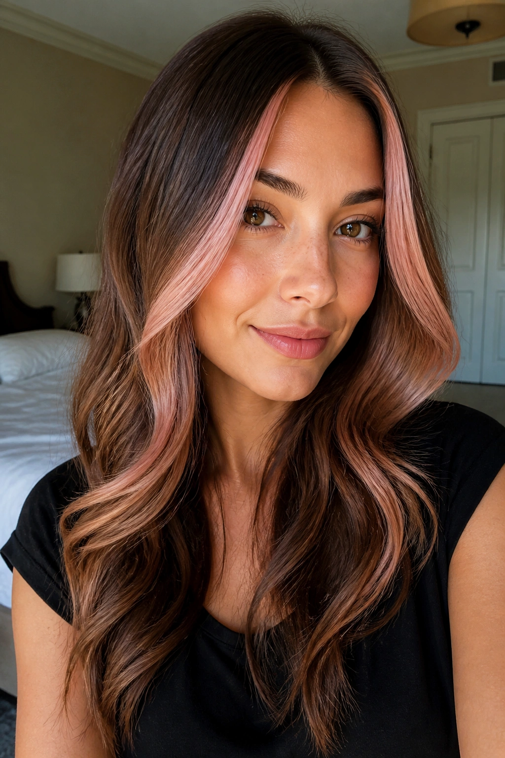 Close-up of a real woman with rose gold face-framing panels on medium brown hair near the cheeks