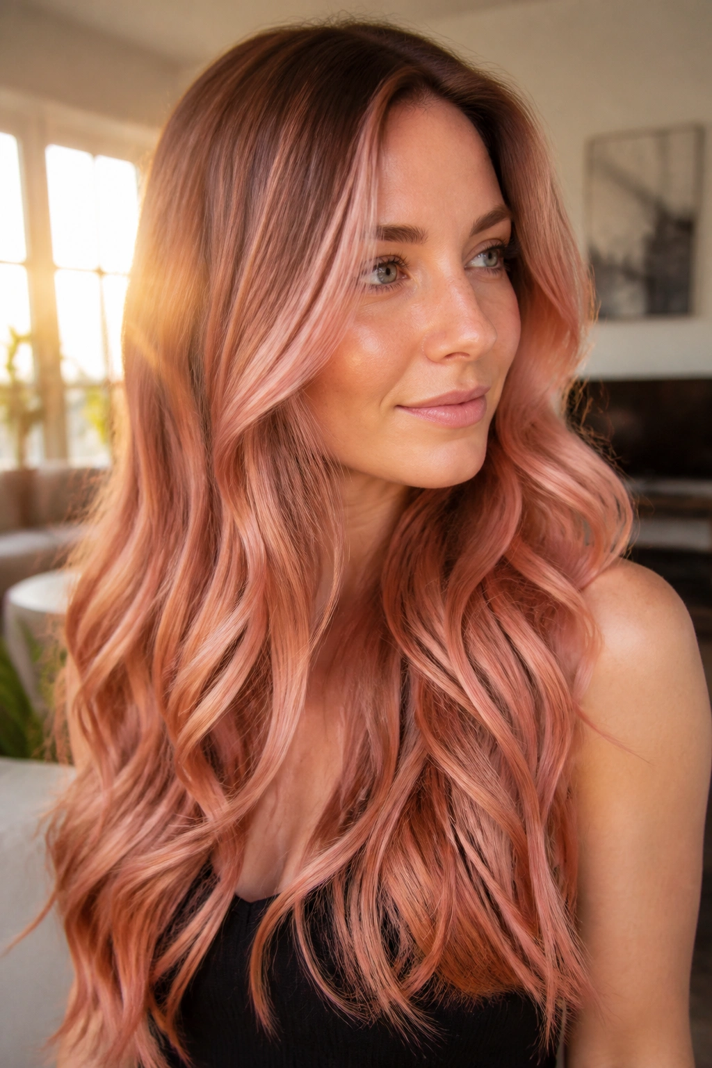 Close-up of a real woman with rose gold melt hair in sunlit living room