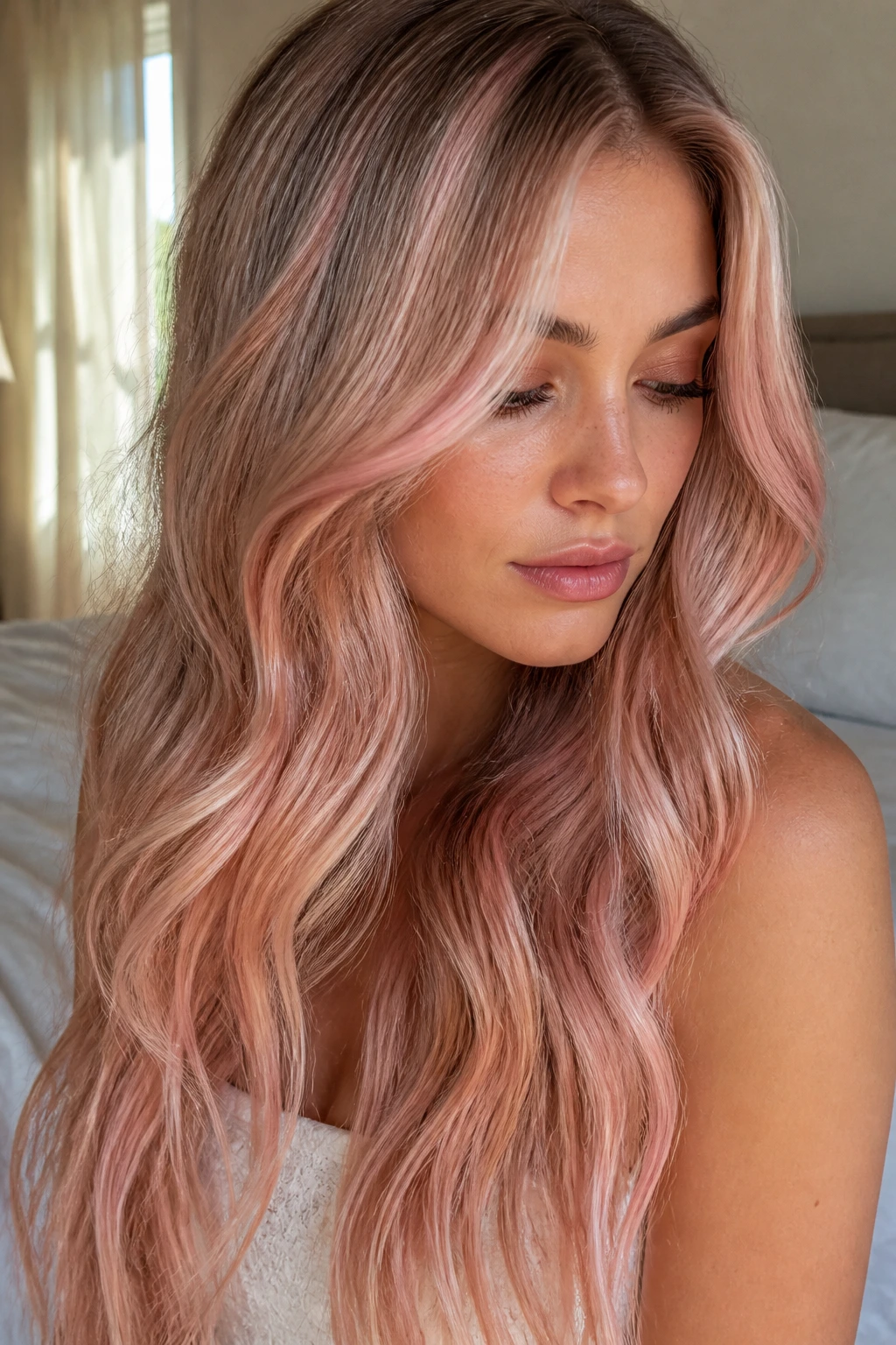 Close-up of a real woman's long hair with rose gold sheen on a pale blonde base