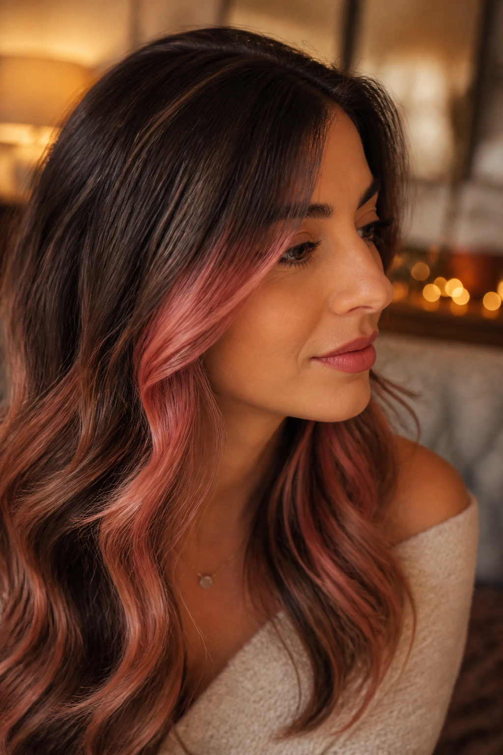 Close-up of a real woman with rose gold peekaboo hair in soft waves.