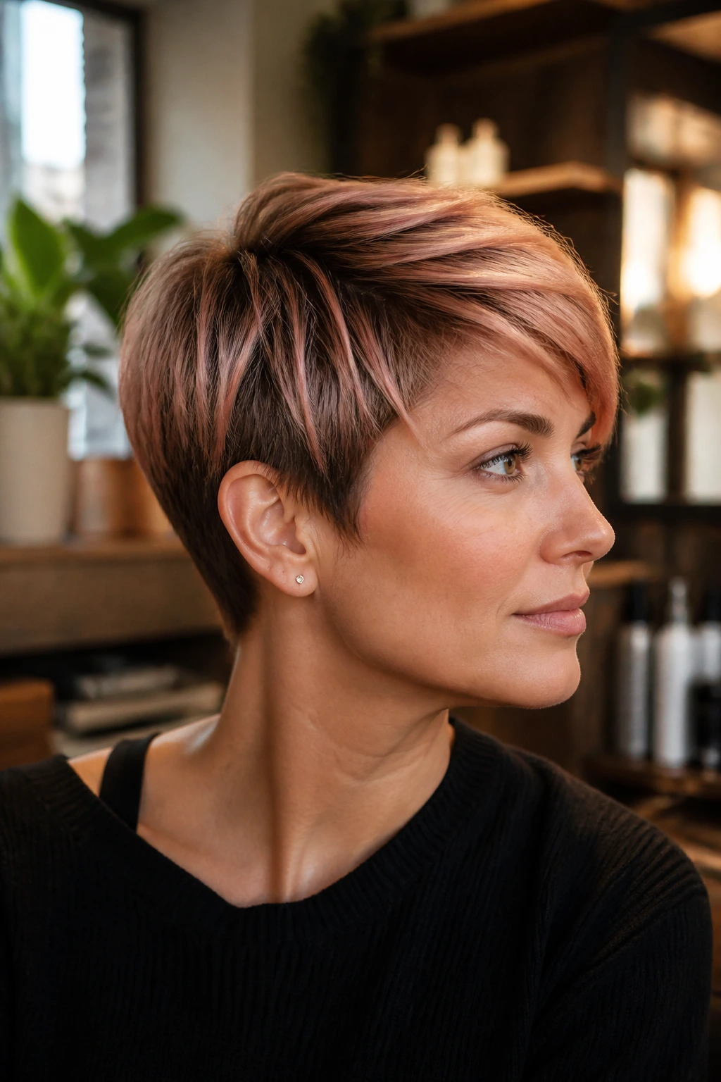 Close-up of a real woman with rose gold highlights on a sleek crop, warm salon lighting