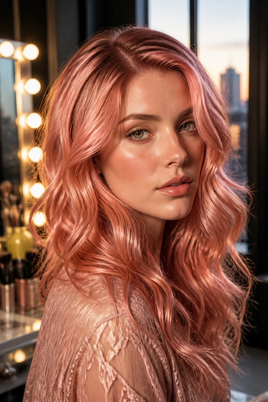 Close-up of a real person with rose-gold hair in a warm glam setting.