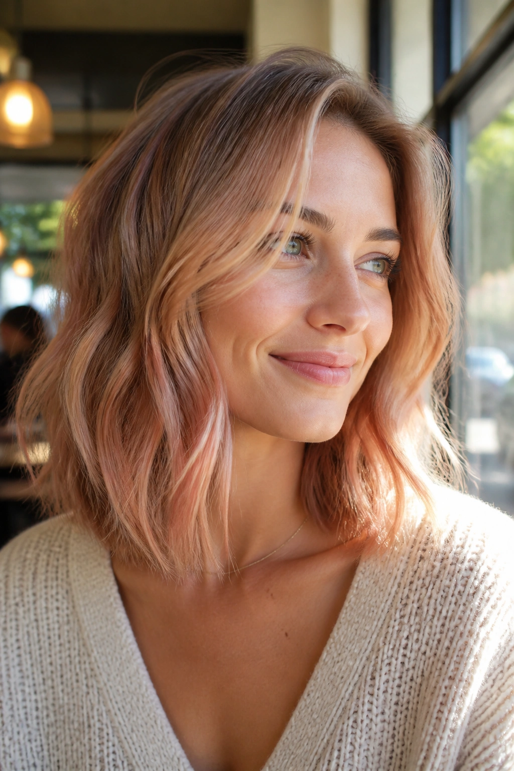 Close-up of a real woman with rose gold whisper highlights in hair