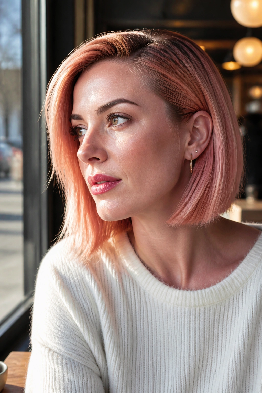 Close-up portrait of a real woman with rose gold hair on a lob or bob.