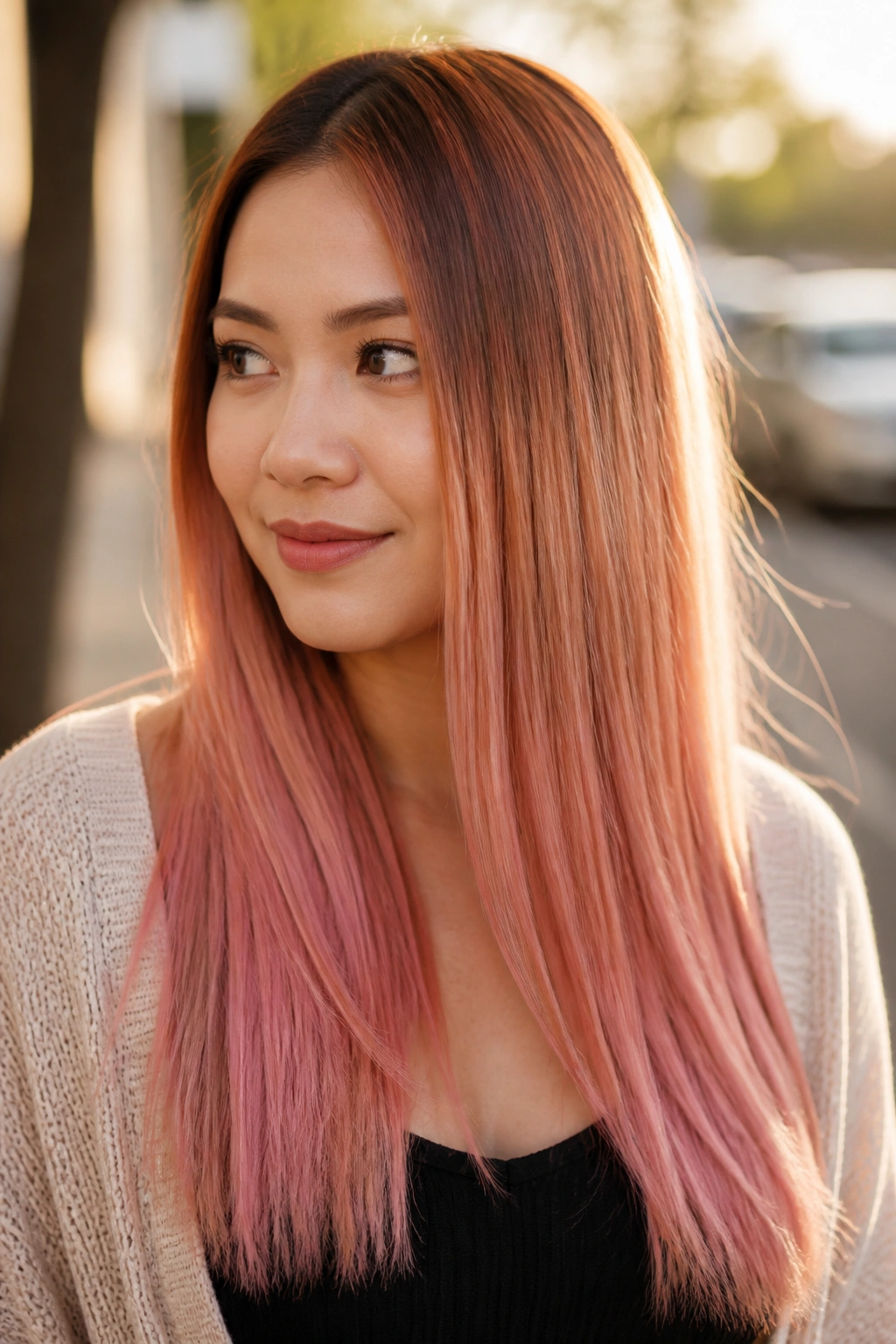 Close-up portrait of rose gold melt on straight hair