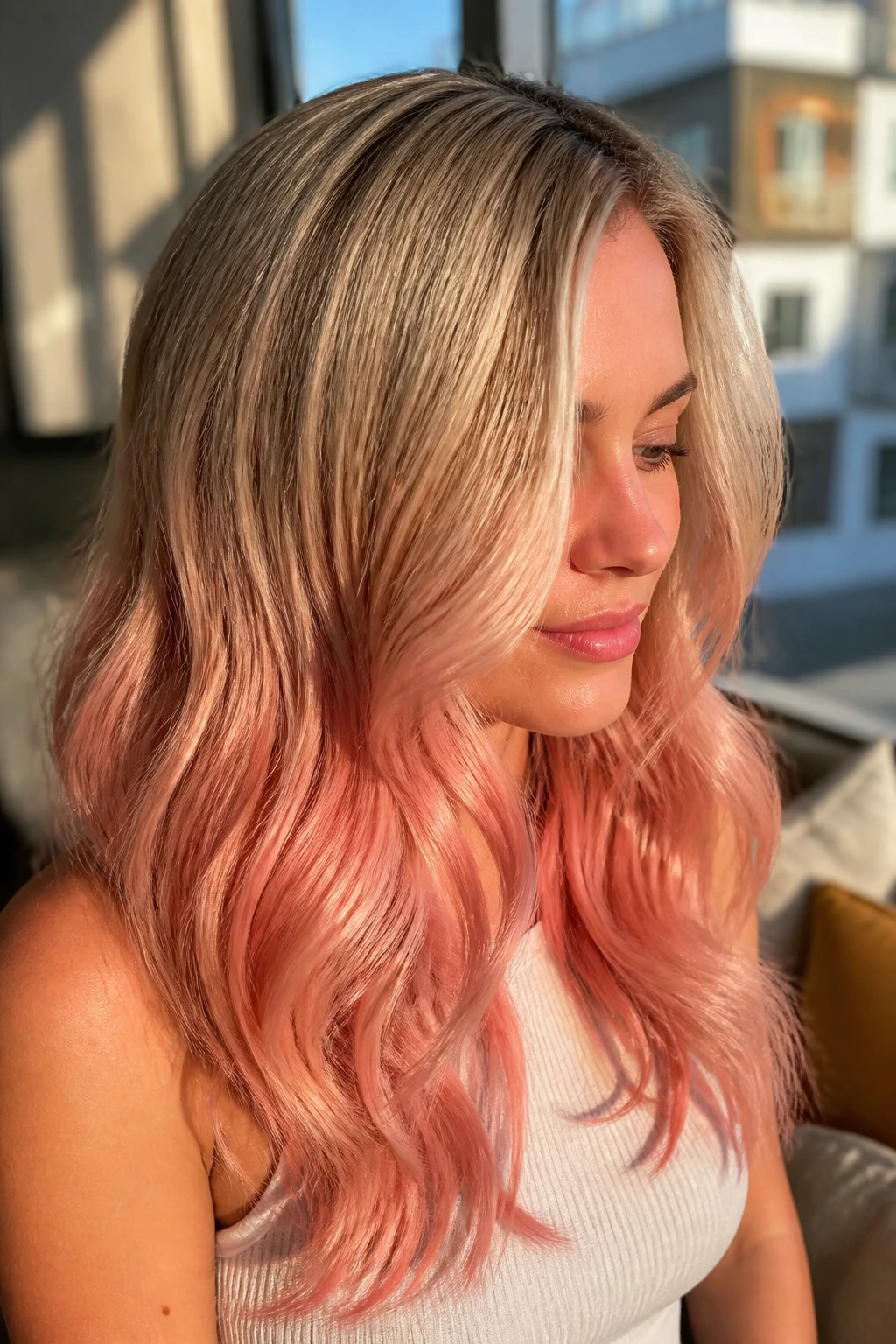 Hair with rose gold melt on lighter base from roots to ends