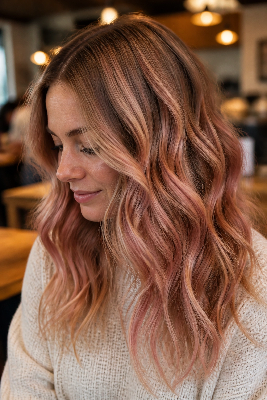 Close-up portrait of a real woman with rose gold melt on light brown to dark blonde waves