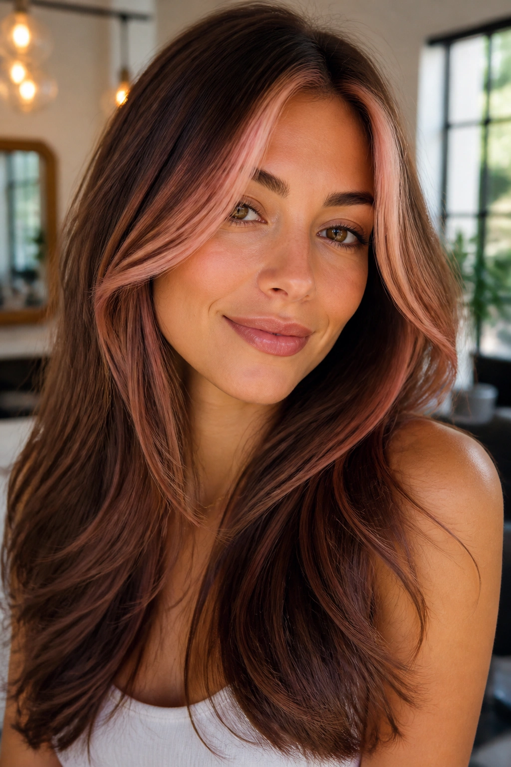 Portrait of warm brunette with rose-gold money piece front in soft lighting