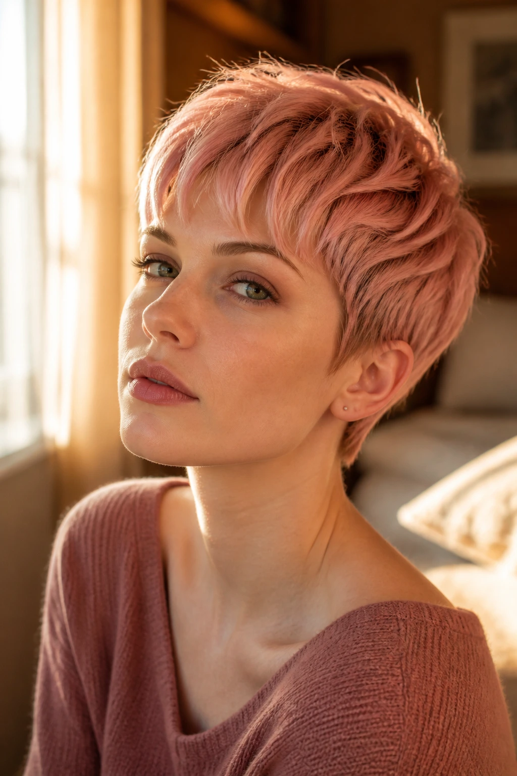 Close-up portrait of a woman with a rose gold pixie haircut in warm window light
