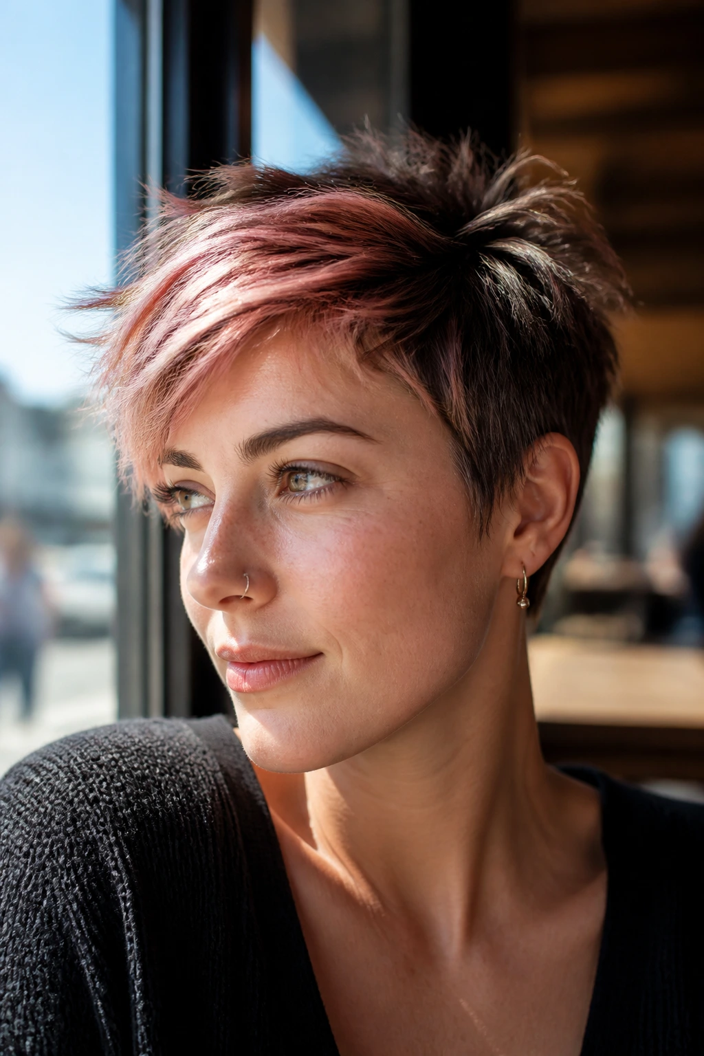 Real person with rose gold money piece on textured pixie in a cafe setting