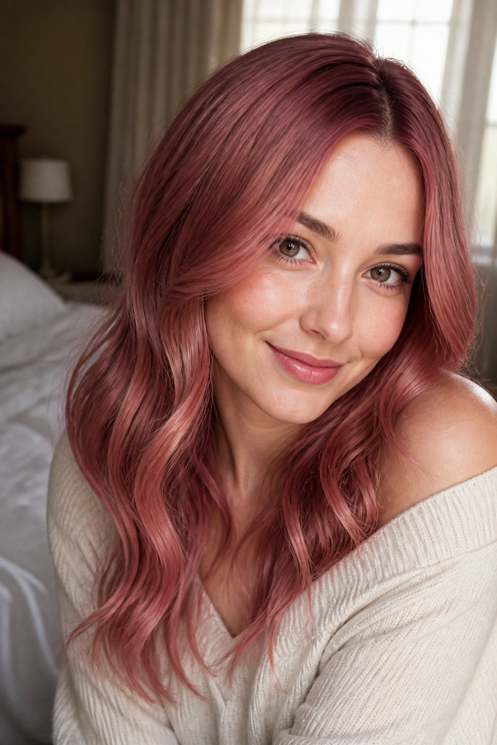 Close-up portrait of a real person with rose gold red hair in soft window light