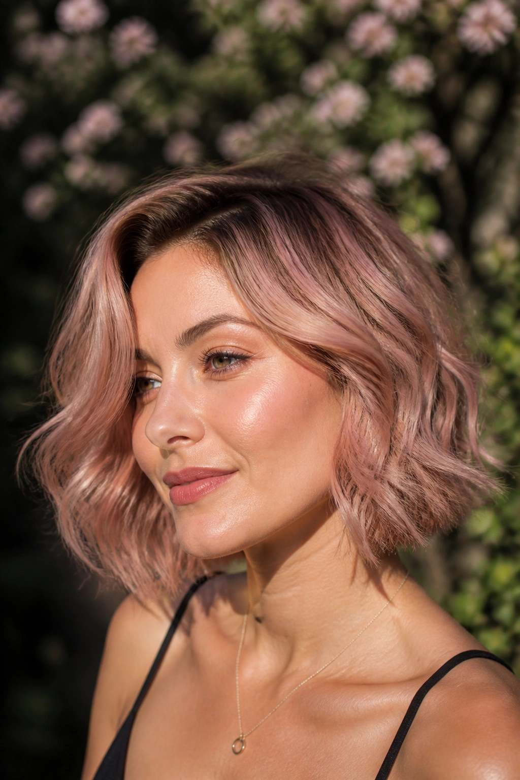 Close-up portrait of a real woman with smoky rose gold shadow root on soft waves