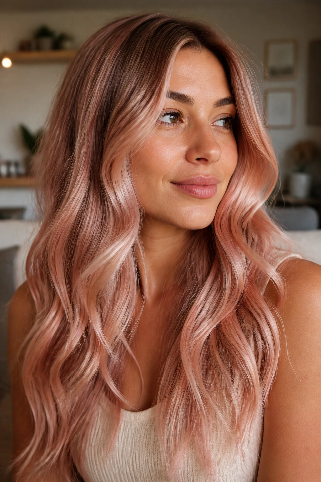 Portrait of a woman with rose gold shimmer in long hair.