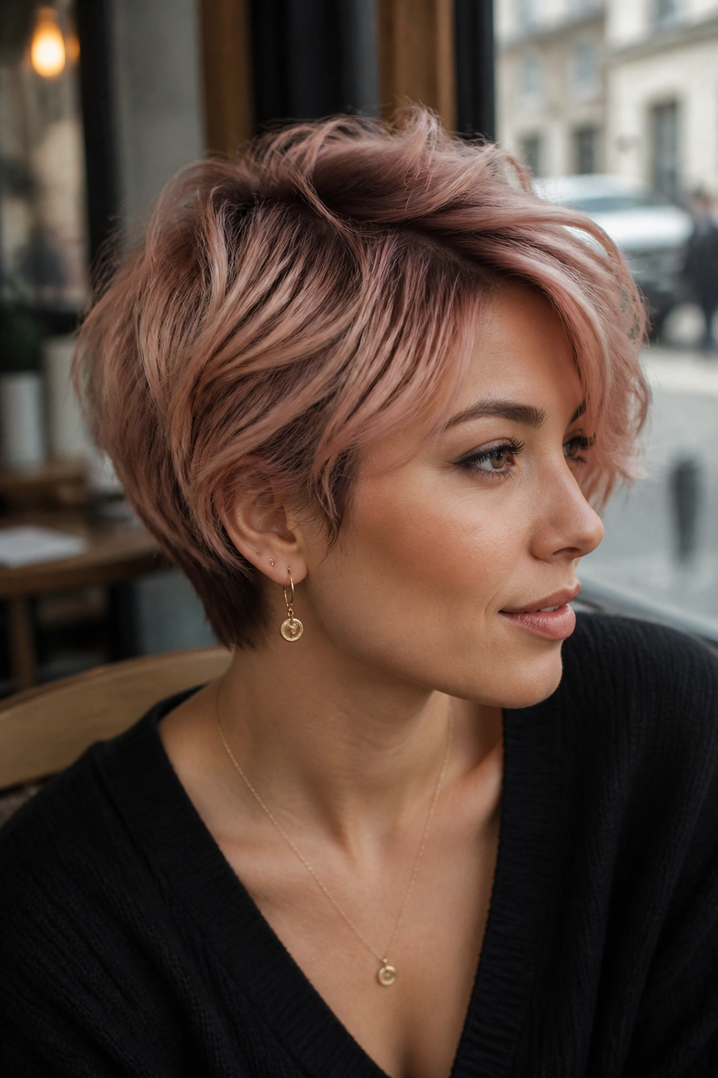 Portrait of a person with short layered cut in rose gold shade