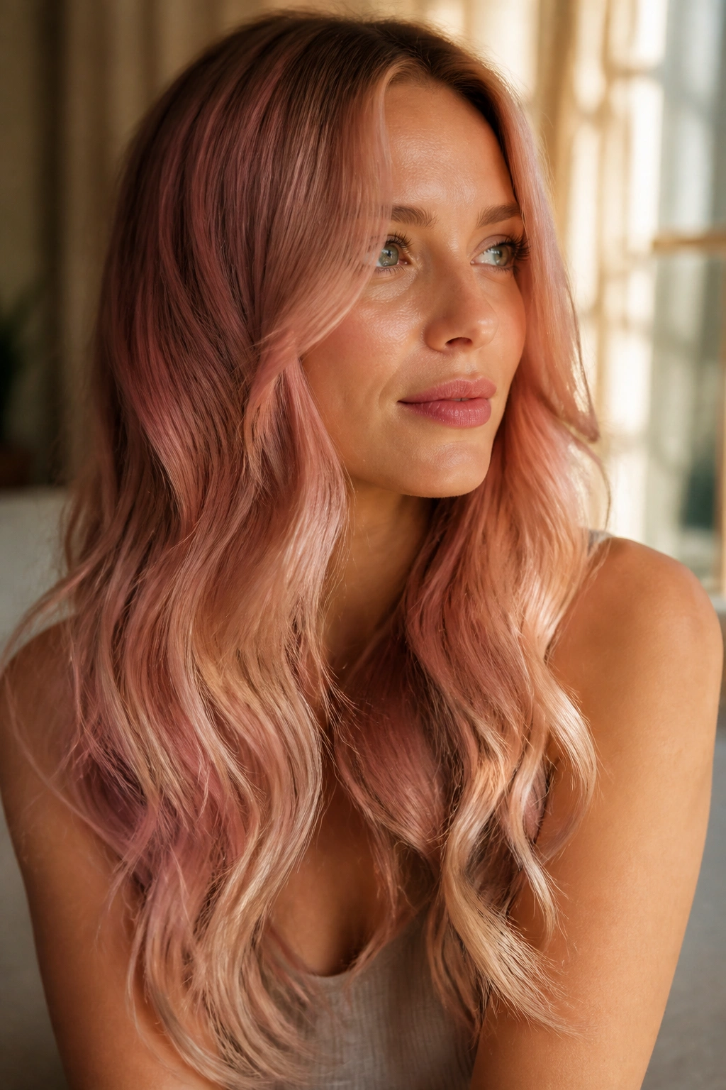 Close-up of rose gold tint hair on a real person in a sunlit room