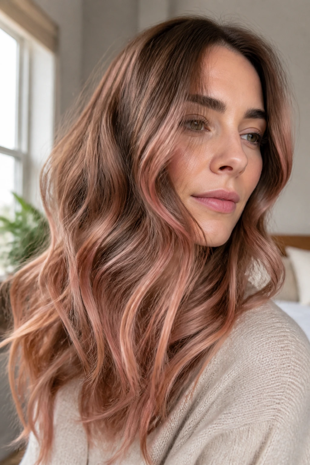 Close-up of a real woman with rose gold veil on light brown/dark blonde waves.