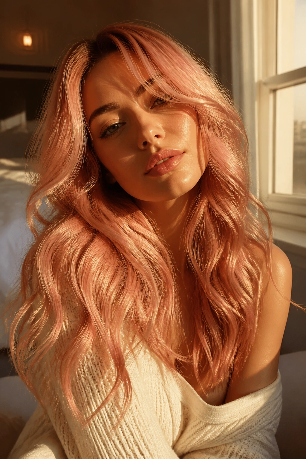 Close-up of a person with rose gold waves in warm window light