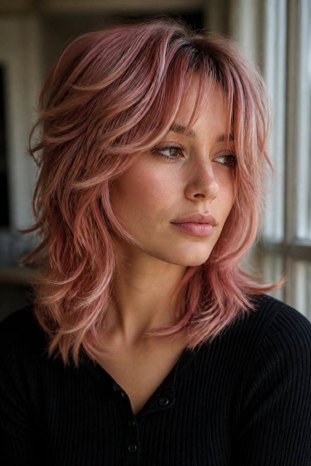 Close-up of a real woman with a rose gold wolf cut and soft feathered ends in natural daylight