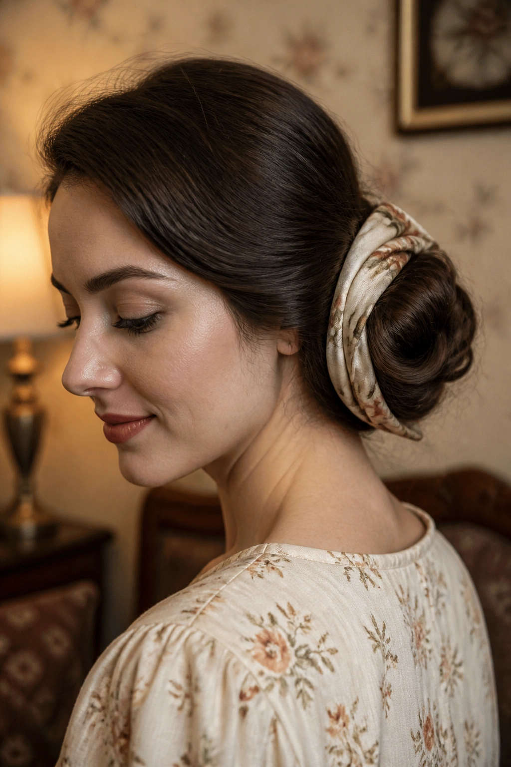 Close-up of a rosette bun with silk scarf on a real woman's head