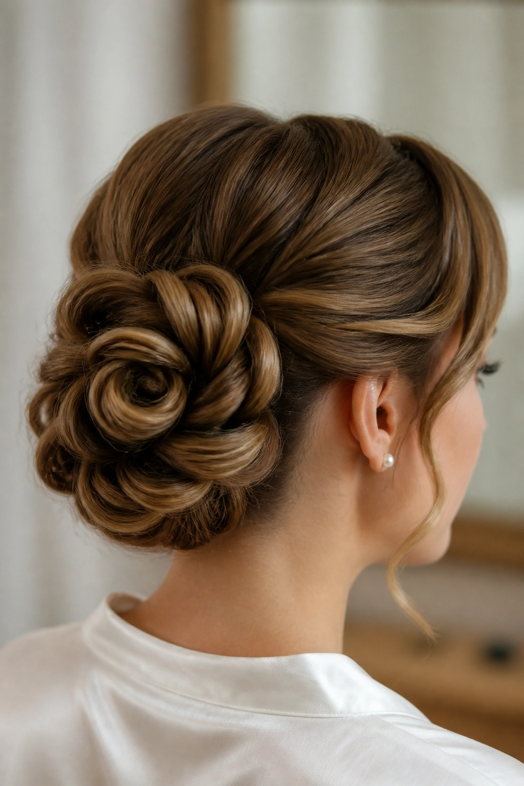 Real woman with rosette bun twists close-up in bridal dressing room