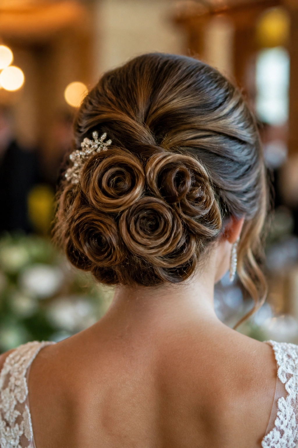 Back view of a bride with a rosette bun formed from small rolled petals