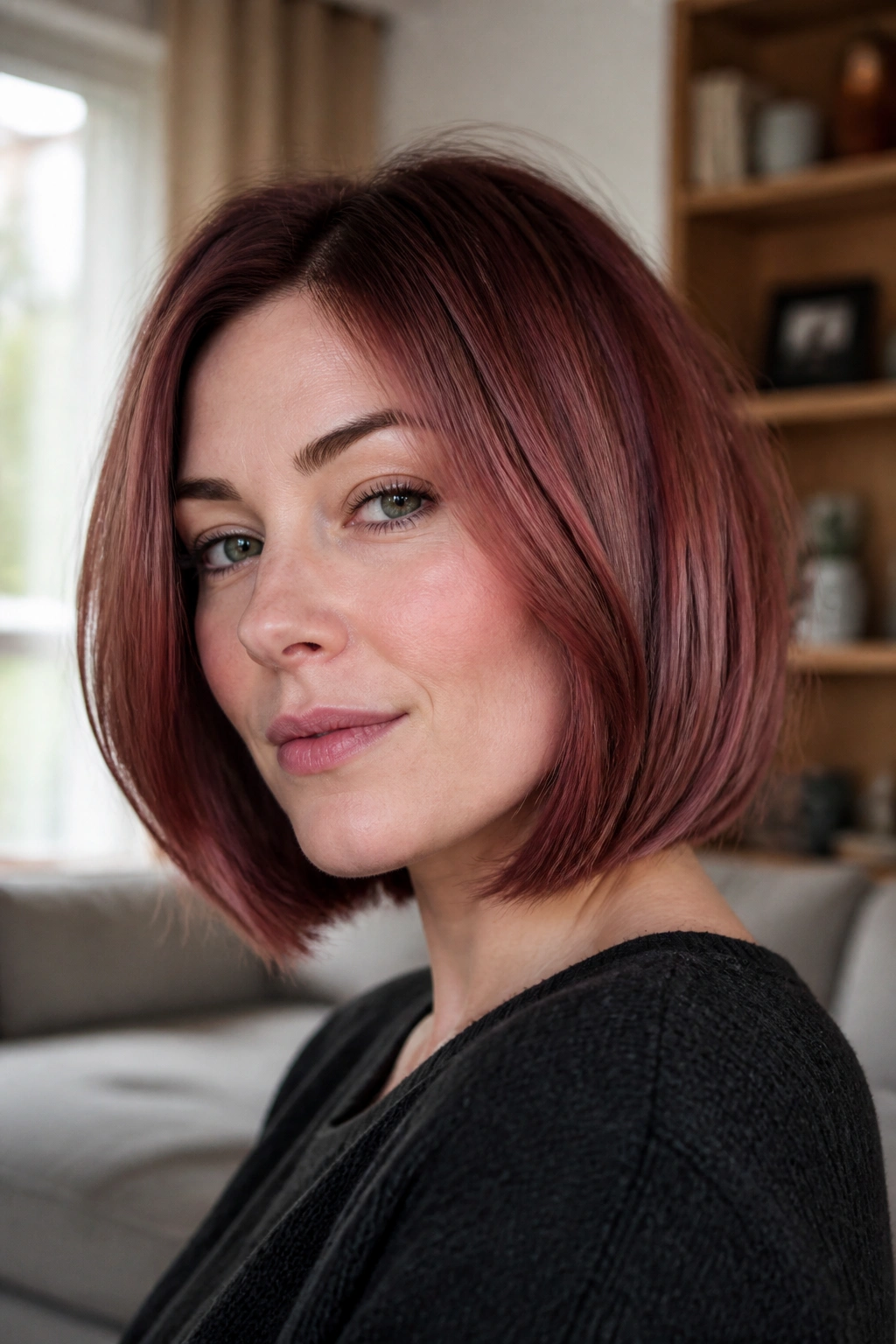 Close-up of a real woman with a rosewood bob in pink-brown tones by window light