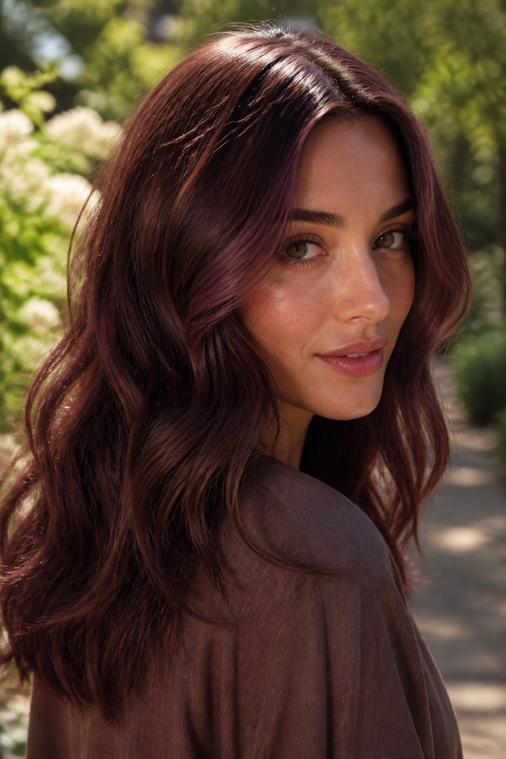 Close-up of a woman with rosewood brown hair in soft sunlight.