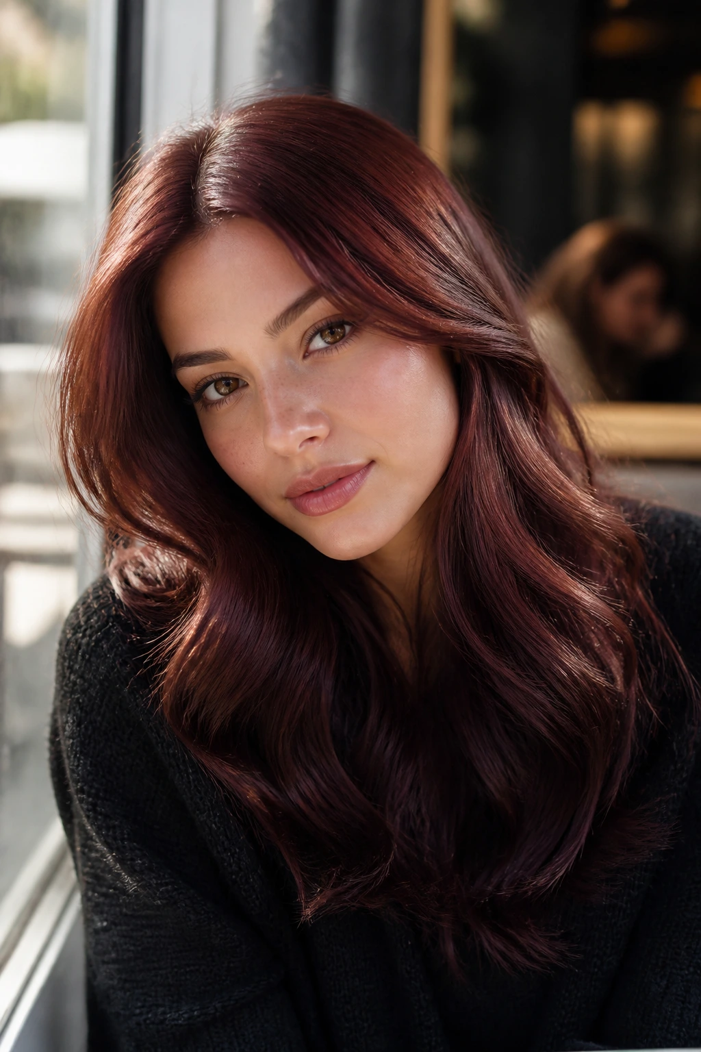 Close-up of a real woman with Rosewood Brunette hair catching rosy-brown light
