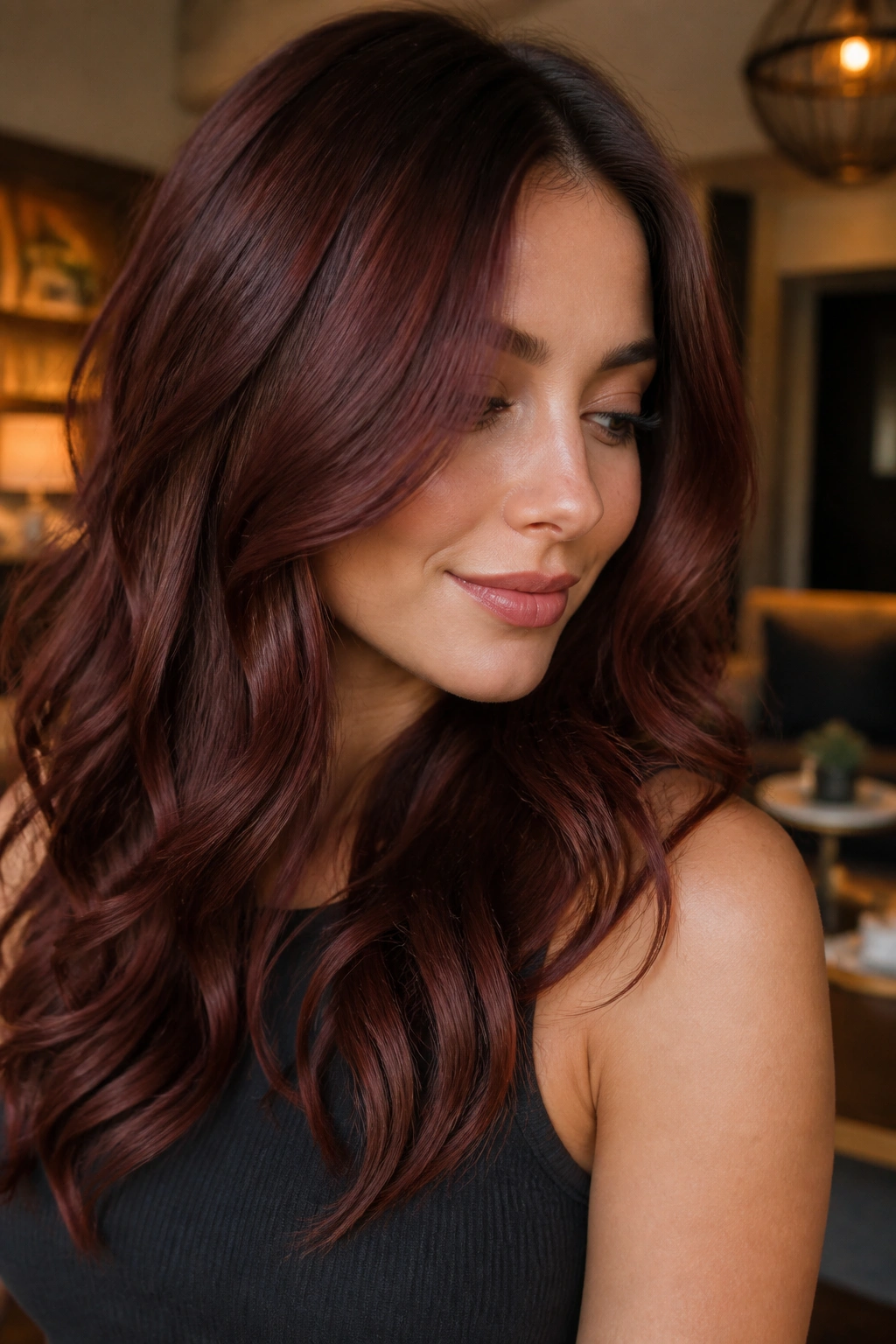 Close-up of muted rosewood red hair with berry undertone