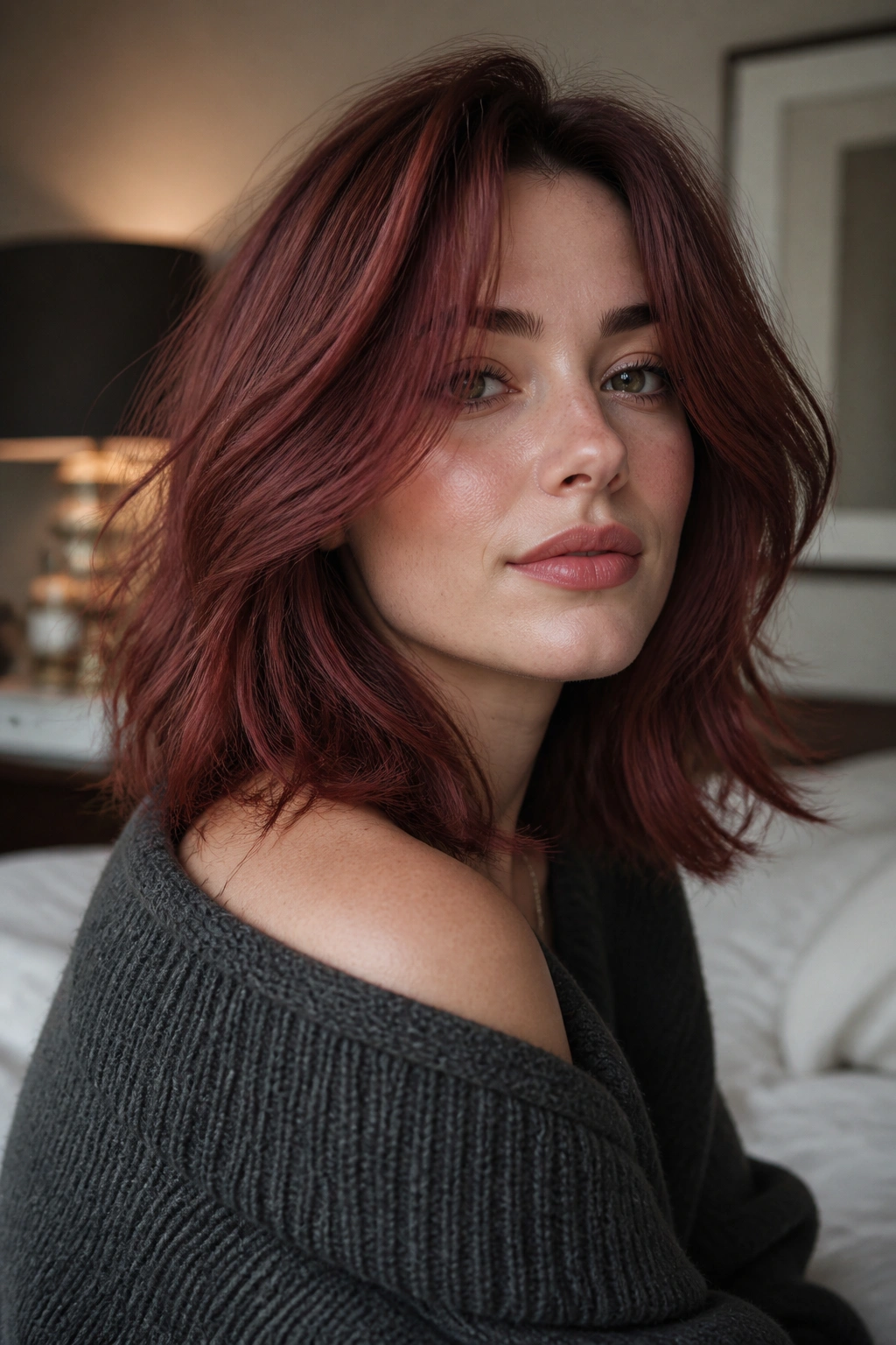Close-up portrait of a woman with Rosewood Red hair and shoulder-length layers in natural window light