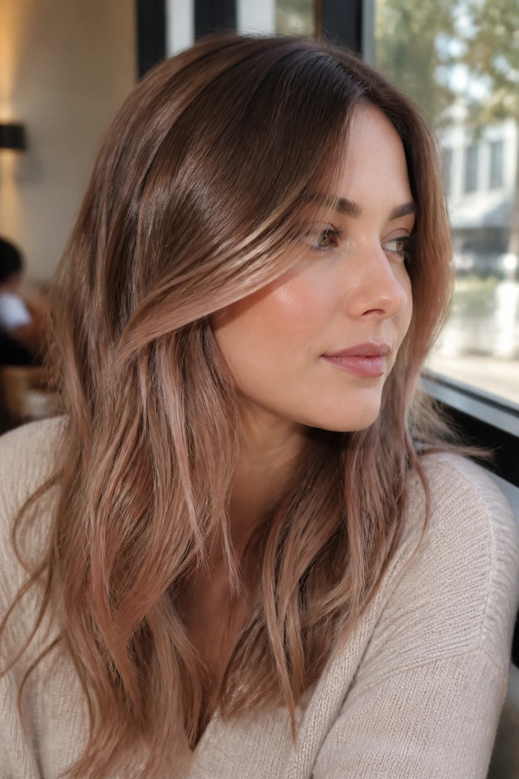 Close-up of rosy beige balayage on light brown hair framing the face in sunlit cafe light.