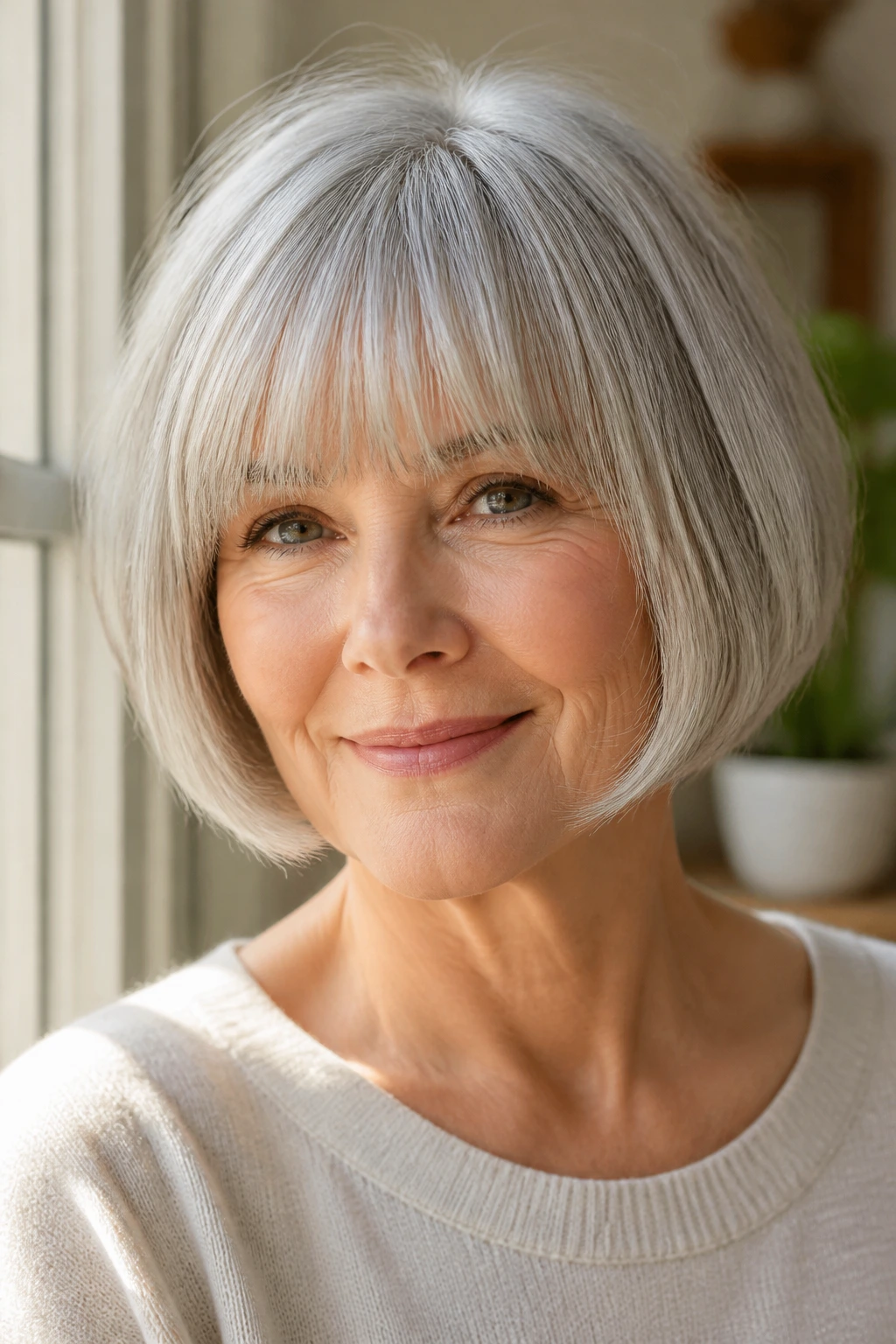Close-up of an older woman with round bob and full fringe.