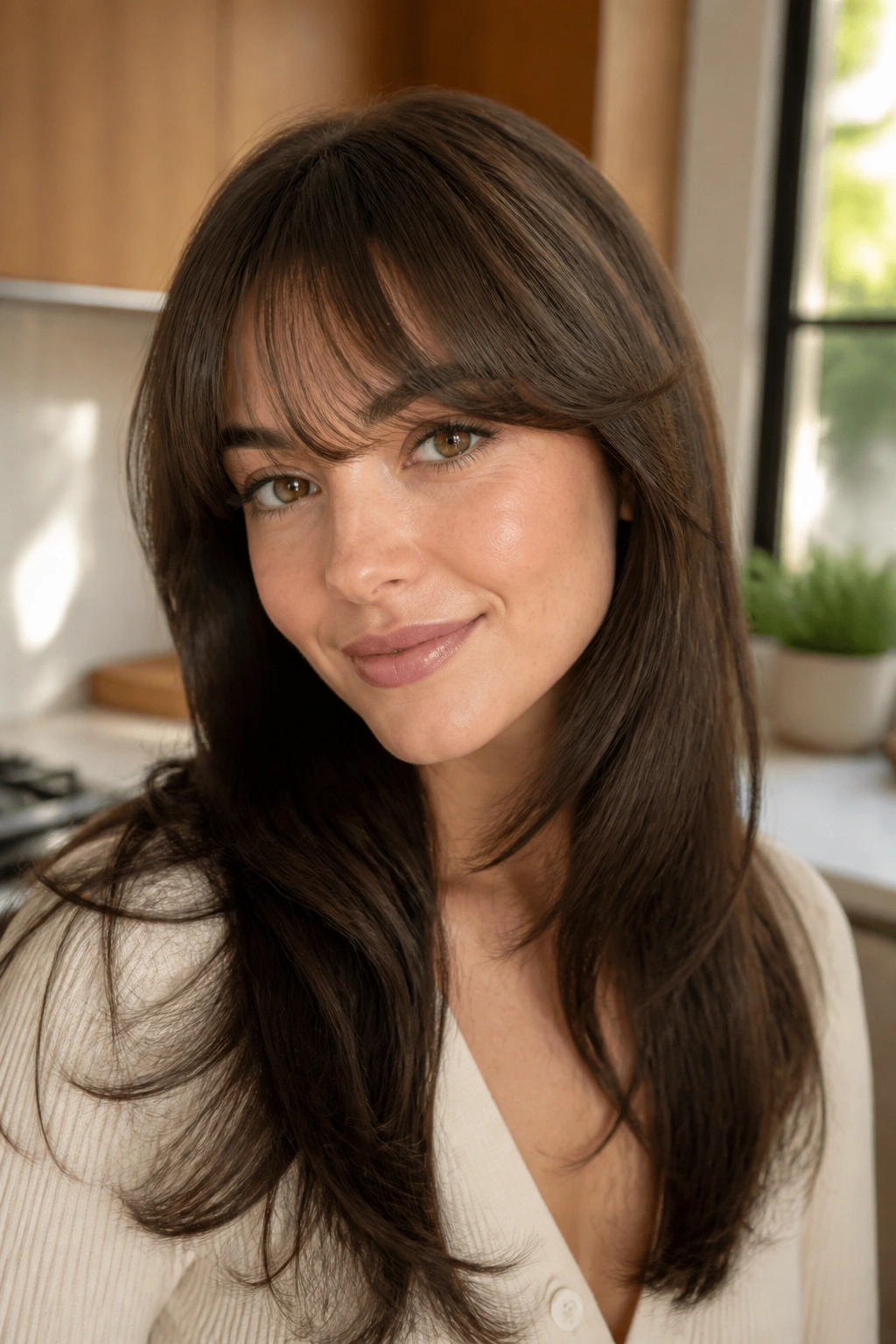 Portrait of a person with soft feathered bangs rounded at the ends by a brush.