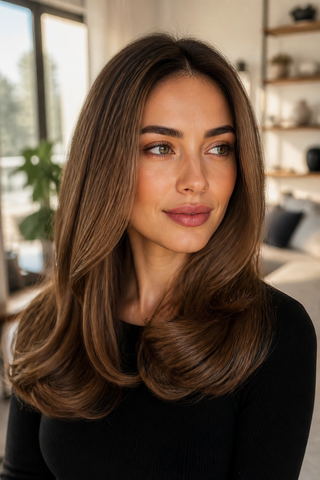 Real woman with round-brush blowout and curved ends