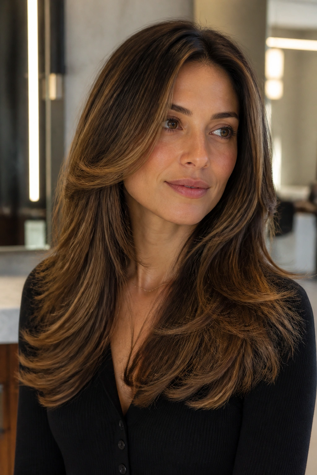 Close-up of a woman with round-brush blowout layers.