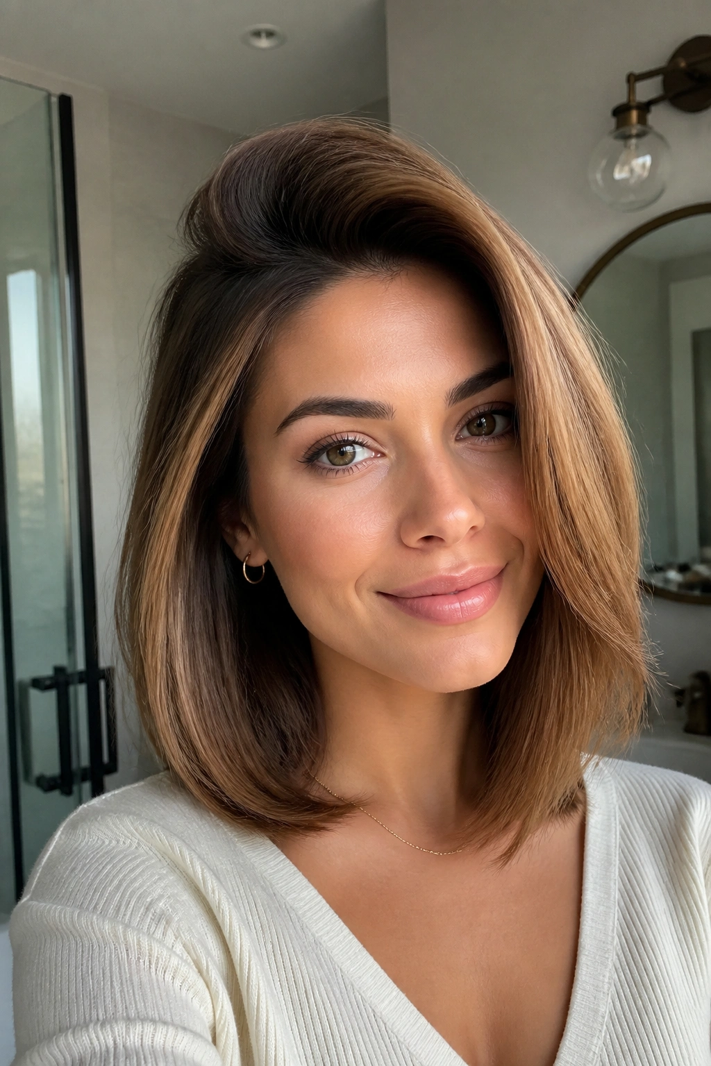 Close-up of real woman with round-brush blowout at roots